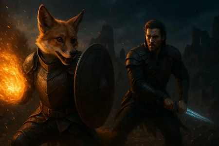 AI companion – fox warrior defends player and reacts autonomously in battle.