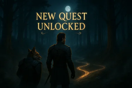“New Quest Unlocked” — a visual of AI dynamically generating new missions..