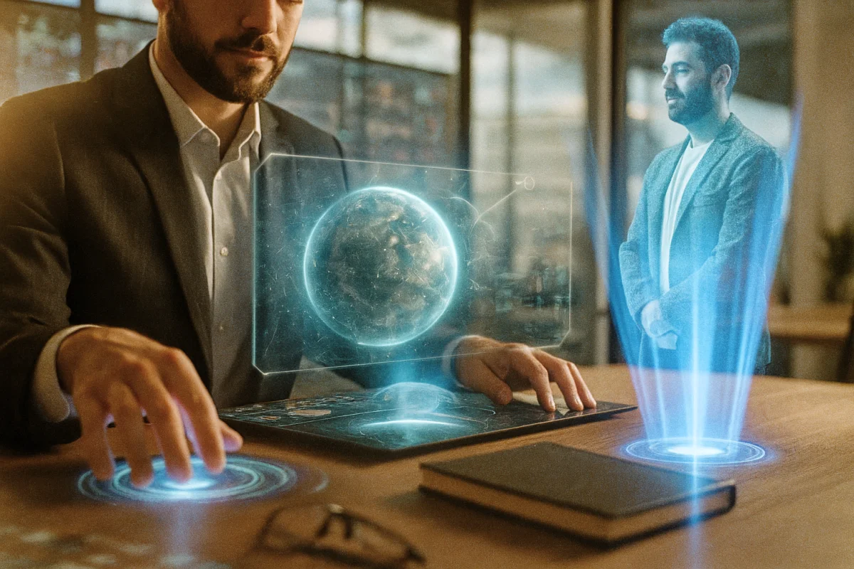 Futuristic holographic communication with 3D projection technology – Illustration Sora