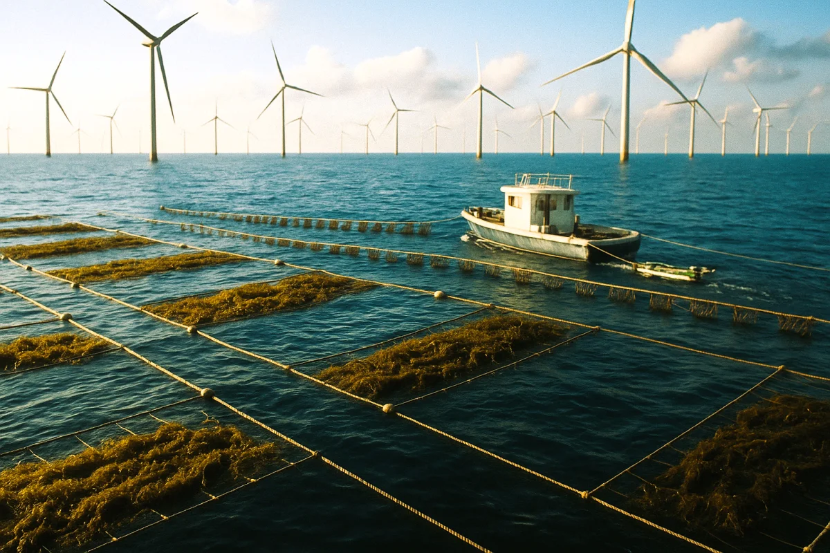 Seaweed Energy Farm with Wind Turbines — Renewable Ocean Fuel of the Future