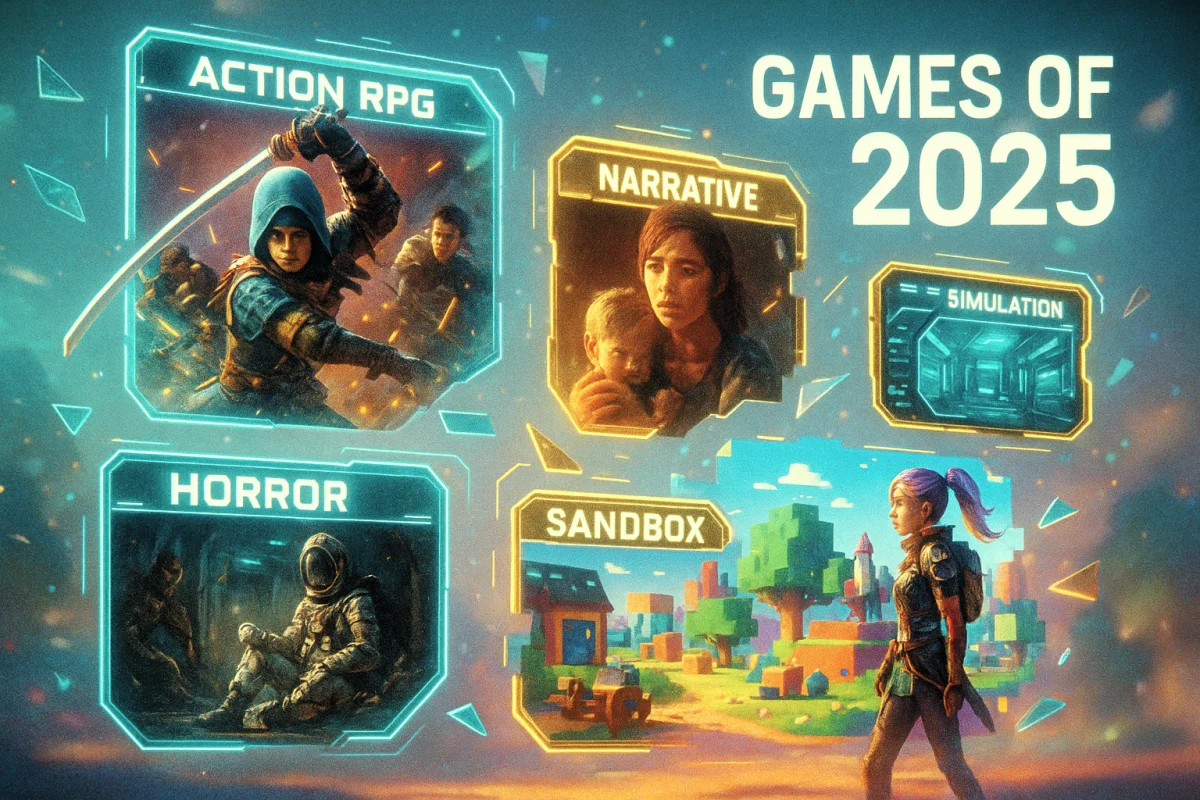 პოპულარული ჟანრები 2025-ში: Action RPG, Narrative, Horror, Sandbox და Simulation — თამაშების მთავარი ტენდენციები • ილუსტრაცია Sora
