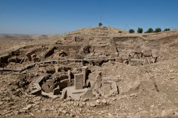Göbekli Tepe archaeological site with massive stone pillars in Turkey