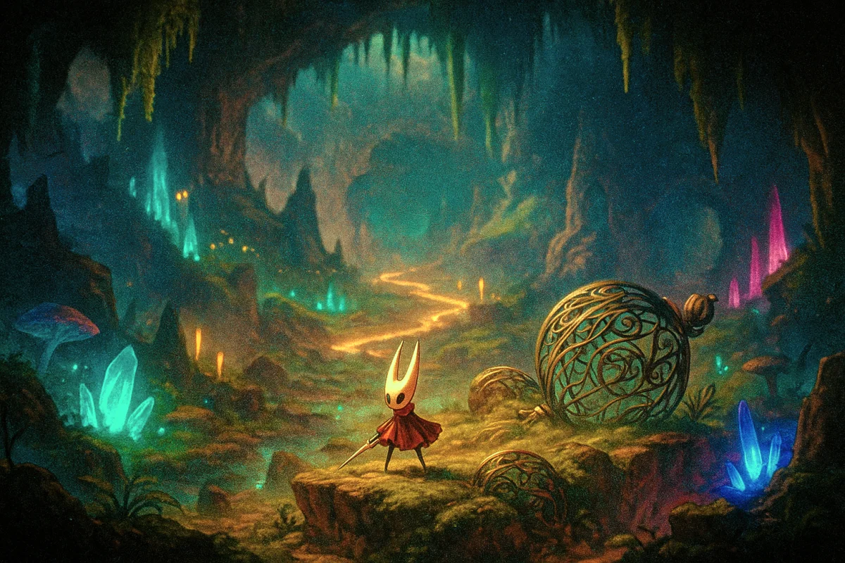 Hollow Knight Silksong gameplay scene with Hornet exploring glowing crystal caves — Illustration Sora