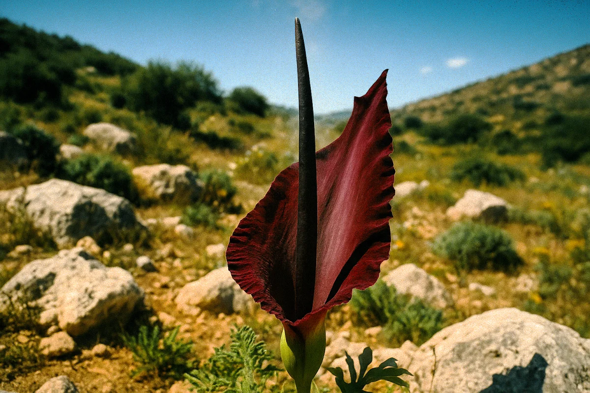 დრაკუნკულუს ვულგარისი (Dracunculus vulgaris), დრაკონის შროშანი, მუქი მეწამული ყვავილით ხმელთაშუა ზღვის რეგიონში