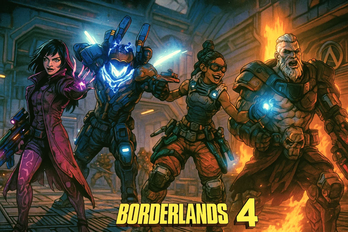 Borderlands 4 gameplay — Vault Hunters in action with futuristic weapons | Illustration Sora