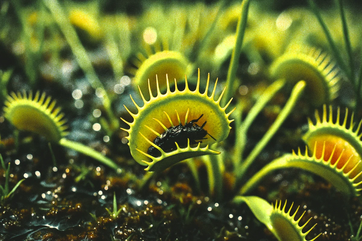 დიონეა ბუზიჭერია (Dionaea muscipula) მწერის მჭერ ხაფანგში — მტაცებელი მცენარე, რომელიც აზოტს მწერებიდან იღებს • ილუსტრაცია Sora