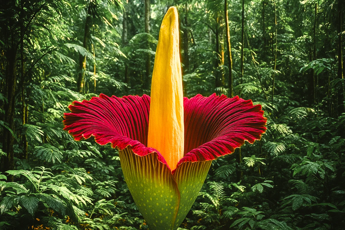 ტიტანის არუმი (Amorphophallus titanum) — გიგანტური ყვავილი, რომელიც ცნობილია როგორც მსოფლიოში უდიდესი ყვავილი და გამოირჩევა დამპალი ხორცის სუნით დამტვერავების მოსაზიდად • ილუსტრაცია Sora