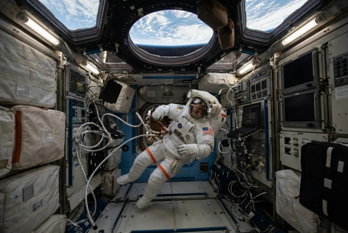 A high-tech, cinematic look at an astronaut in a weightless environment, highlighting the beauty and isolation of space