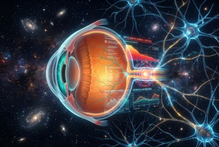 A sci-fi medical visualization of the eye and internal pressure