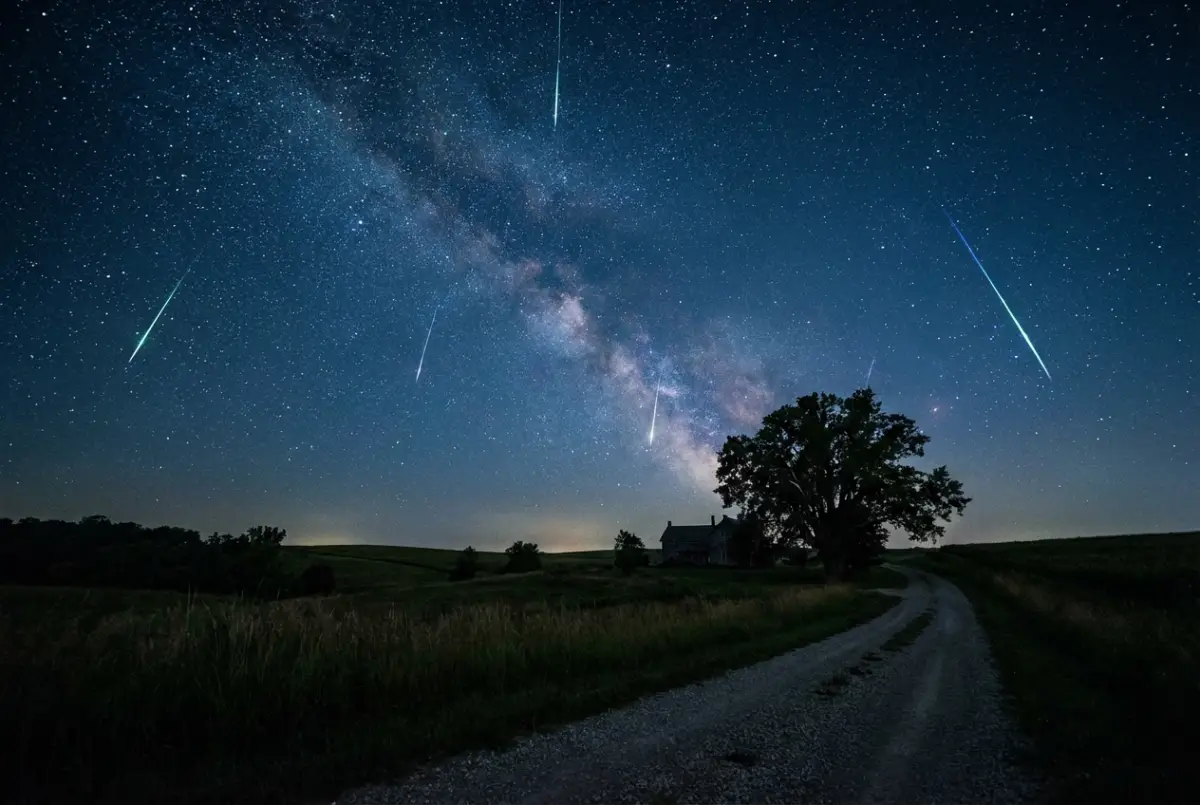 Celestial Rain: A Multi-Streak Meteor Shower over a Dark Rural Horizon