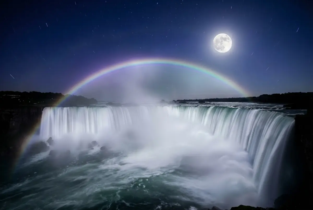 Nature’s Silver Arc: A Rare Moonbow Over a Waterfall