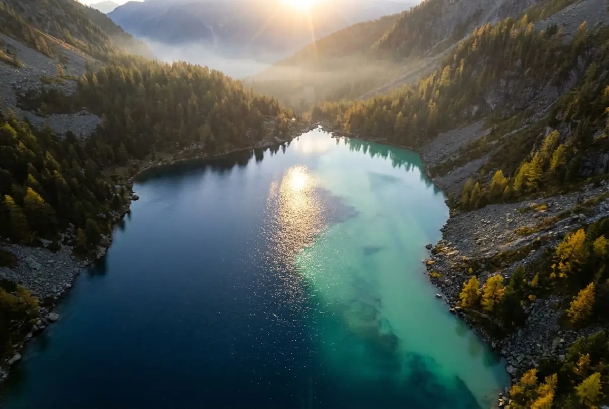 Living Palette: A mountain lake showcasing turquoise and deep blue seasonal shifts