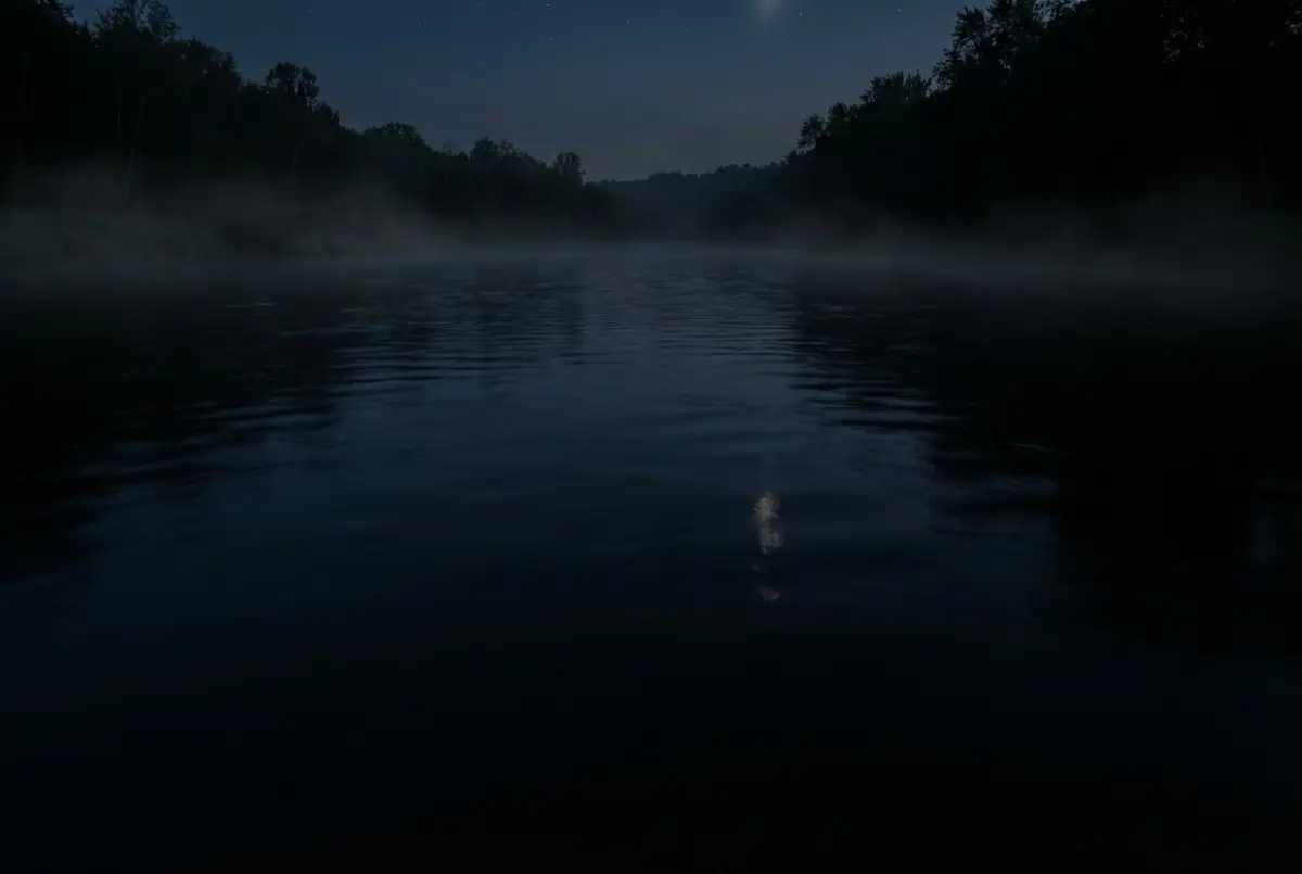 The transition of a river into liquid obsidian at night with low-lying mist.