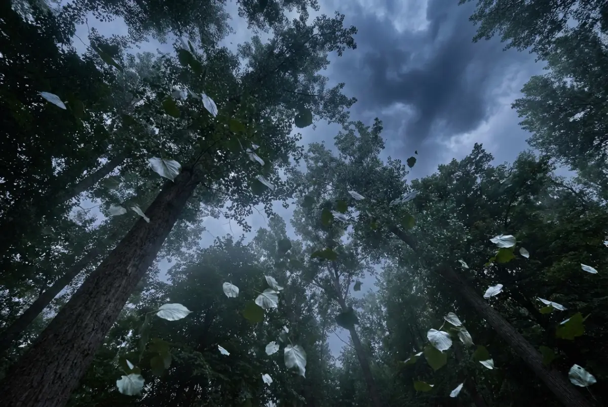 Silvery leaves of poplar trees upturned by wind in a silent forest before a rainstorm.