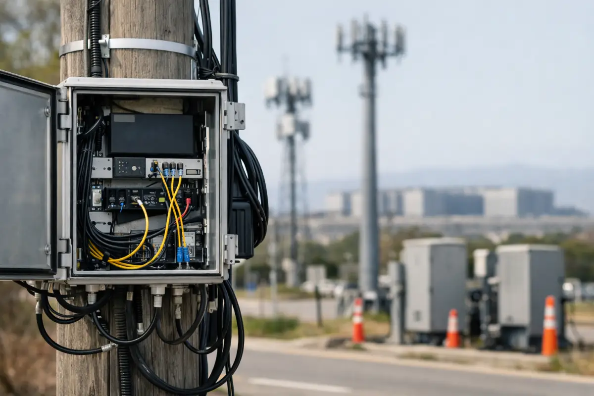 Edge computing კვანძი ტელეკომუნიკაციის ბოძზე, რომელიც დაკავშირებულია ცენტრალიზებულ cloud მონაცემთა ცენტრთან