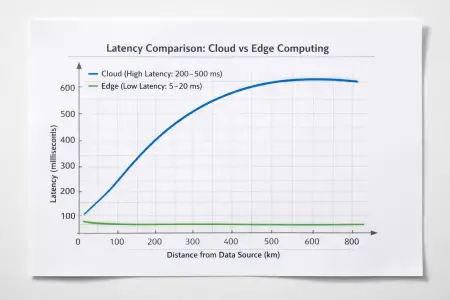 ლატენტურობის შედარება Cloud და Edge Computing არქიტექტურებს შორის — მონაცემთა წყაროდან დაშორების ზრდასთან ერთად ღრუბლოვანი სისტემების დაყოვნება მნიშვნელოვნად იზრდება, ხოლო Edge ინფრასტრუქტურა დაბალ ლატენტობას ინარჩუნებს.