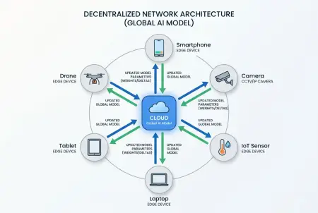 Federated learning architecture with edge devices updating global AI model weights
