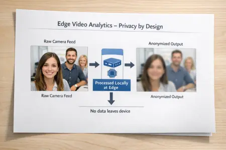 Edge Computing-ზე დაფუძნებული ვიდეოანალიტიკა, სადაც კამერის მონაცემები მუშავდება ლოკალურად და პერსონალური ინფორმაცია ანონიმიზდება მოწყობილობის დონეზე.