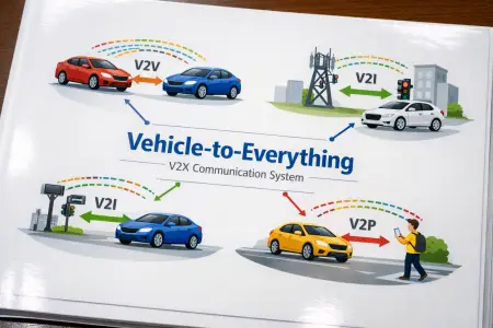 Vehicle-to-Everything (V2X) communication system illustrating real-time data exchange between vehicles, road infrastructure, networks, and pedestrians in smart transportation systems.