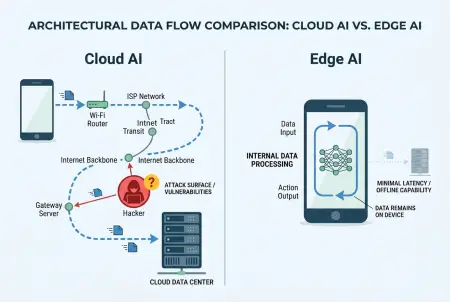 Architectural comparison of Cloud AI vs Edge AI data security and network latency reduction