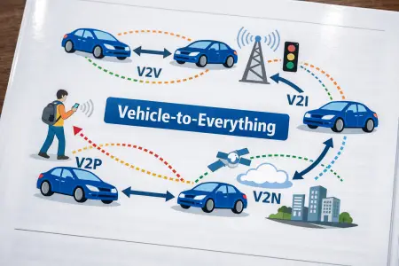Vehicle-to-Everything (V2X) კომუნიკაციის სისტემა, სადაც ავტომობილები, გზის ინფრასტრუქტურა და ქვეითები რეალურ დროში ცვლიან მონაცემებს უსაფრთხო და სინქრონიზებული მოძრაობის უზრუნველსაყოფად.