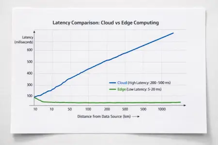 Latency comparison between cloud and edge computing architectures showing how network delay increases with distance in cloud systems while edge computing maintains low latency close to the data source.