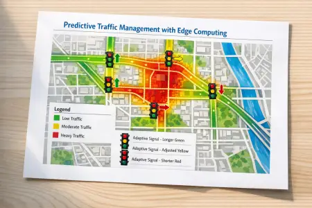 Edge Computing-ზე დაფუძნებული ტრაფიკის პრედიქციული მართვის სისტემა, რომელიც ქალაქის გზებზე მოძრაობის ინტენსივობას აანალიზებს და შუქნიშნების მუშაობას რეალურ დროში არეგულირებს.