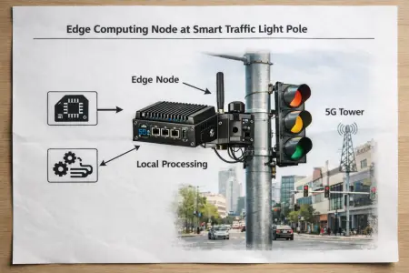 Edge computing node installed on smart city traffic infrastructure enabling local data processing and ultra-low latency response for real-time urban systems.