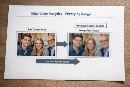 Edge video analytics system where camera data is processed locally and personal information is anonymized before any data leaves the device.